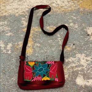 Floral Embroidered Burgundy Shoulder Bag